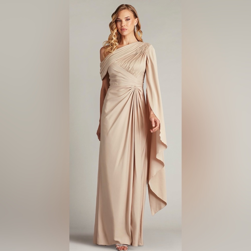Tadashi Shoji One-Shoulder Draped Gown in Sandstone
